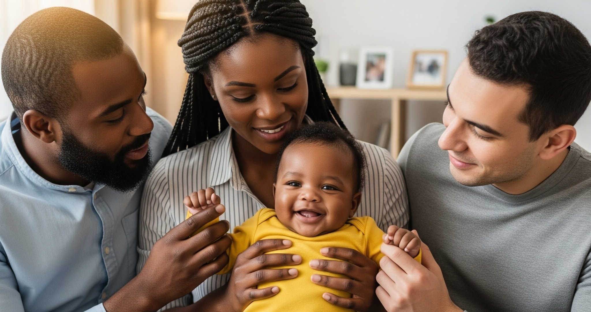 AI generated image of a Black father, a Black mother, and a White father holding a Black baby. The baby and the mother are in the center of the photo, and the fathers are on either side.