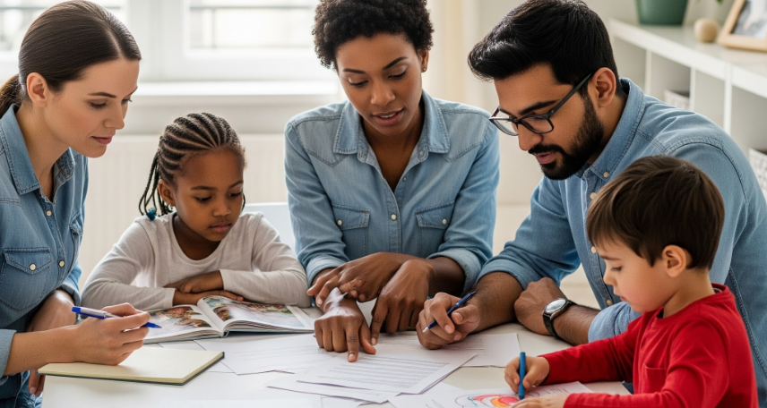 AI generated image of a multi-racial family looking at paperwork. There are two feminine presenting parents and one masculine presenting parent. Two children sit at the table with the adults.